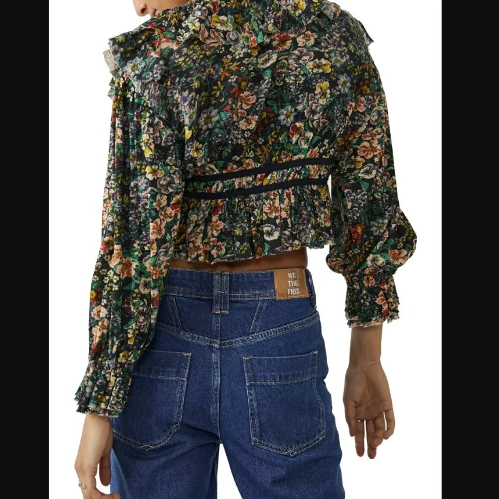 New Free People Green Multi Floral‎ Boho Rudi Ruffle Top XS Festival Whimsical